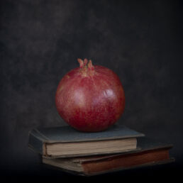 Still life of a single pomegranate resting on two stacked vintage books against a dark backdrop – part of the Faces of Resilience series by Masoud Teimory