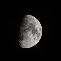 High-resolution image of the Moon in its waxing gibbous phase, showing illuminated craters and dark maria – part of the Moon Series by Masoud Teimory