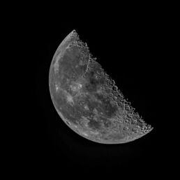 High-resolution image of the waning gibbous Moon at an oblique angle, showing sharply defined craters and terminator line – part of the Moon Series by Masoud Teimory